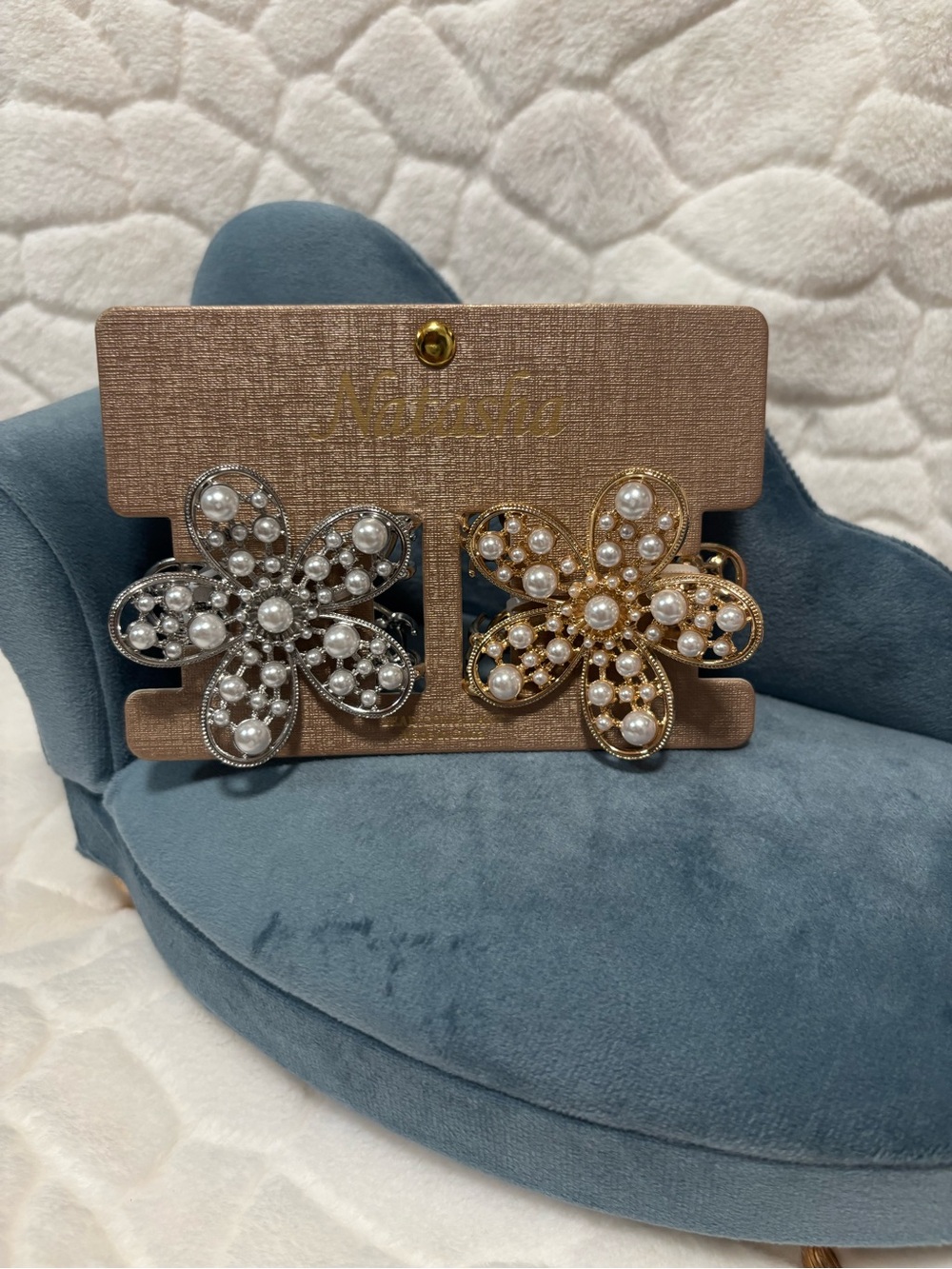 Natasha Pearl Flower Statement Hair Claws - Silver & Gold